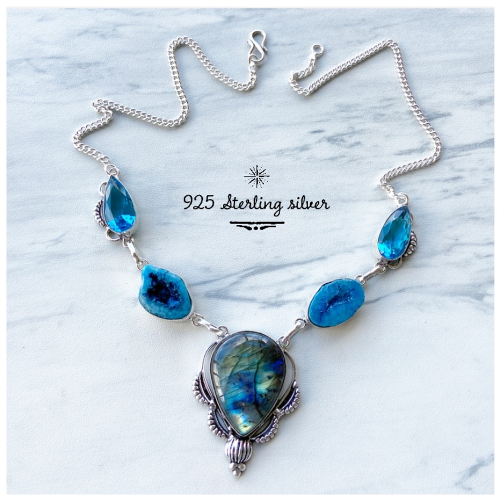 925 Sterling silver Labradorite & druzy necklace - Picture 4 of 8